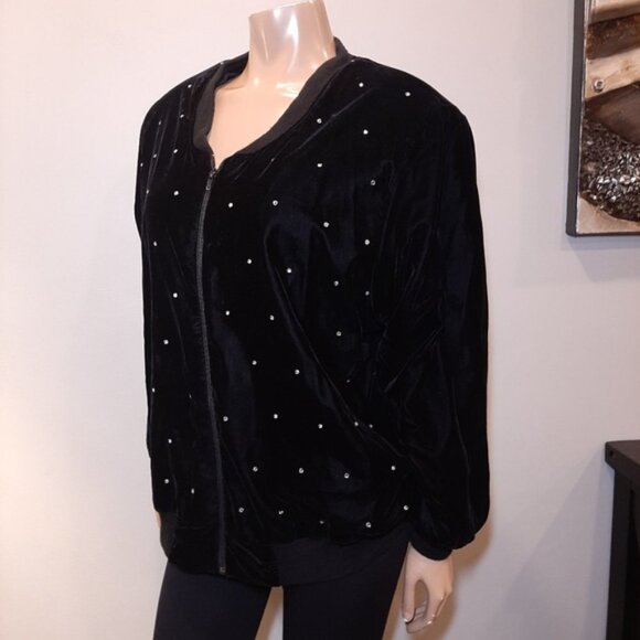 Vintage 80s Velvet Bomber Jacket Rhinestone Embellished Zip Front Velour Bling - Picture 8 of 16